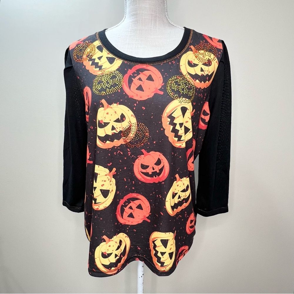 Thomas & Olivia Halloween Jack O Lantern Pumpkin Rhinestone Blouse Large